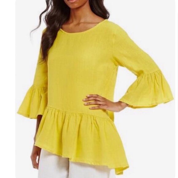 Bryn Walker Franci Cotton Gauze Asymmetrical Ruffle Top Yellow - Picture 9 of 9